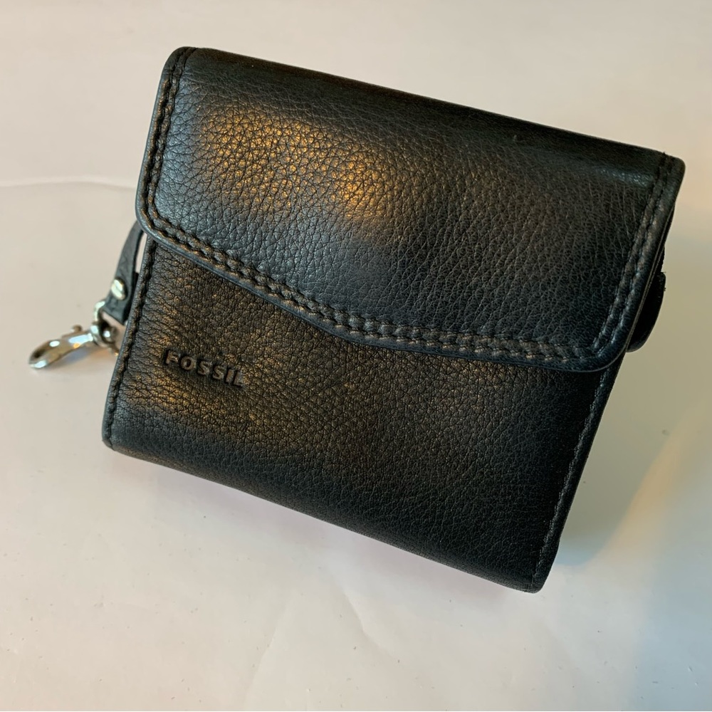 FOSSIL black leather keyper trifold wallet zip coin purse key fob unisex classic